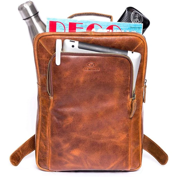 Almadih Rucksack Bene, Braun Havana, Laptopfach, Echt Leder, 7L, 35cm – Bild 2