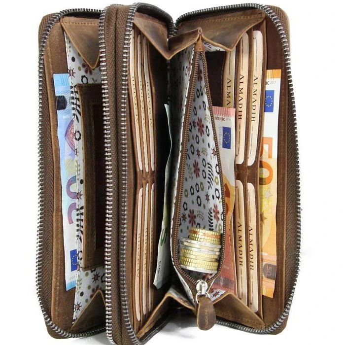 Almadih Geldbörse Giana, Echt Leder, Damen RFID Schutz Münzfach Reißverschluss Braun – Bild 6