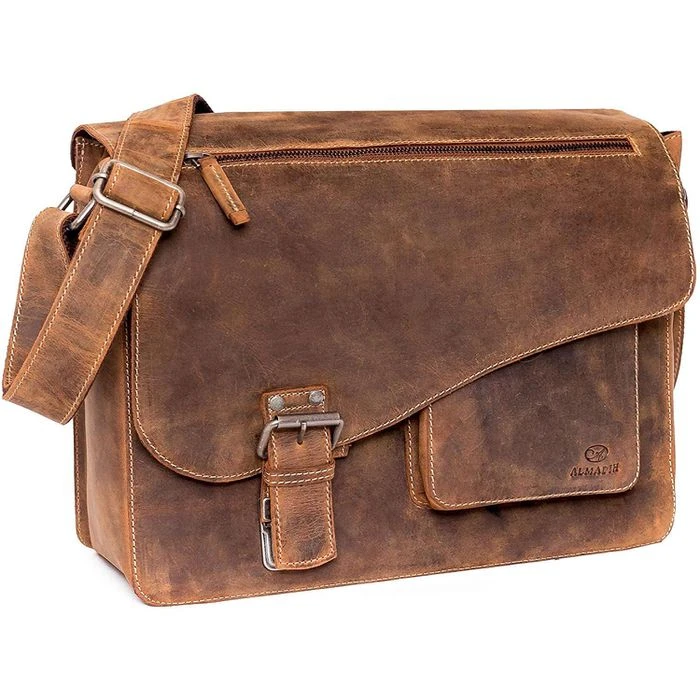 Almadih Umhängetasche Jon No.2, Echt Leder, 36 X 27 X 12cm, Braun Vintage