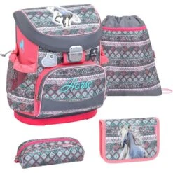 Belmil Schulranzen Mini Fit Horse Aruba Blue, 405-33, Für Mädchen, Grau / Pink, 4-teiliges Set