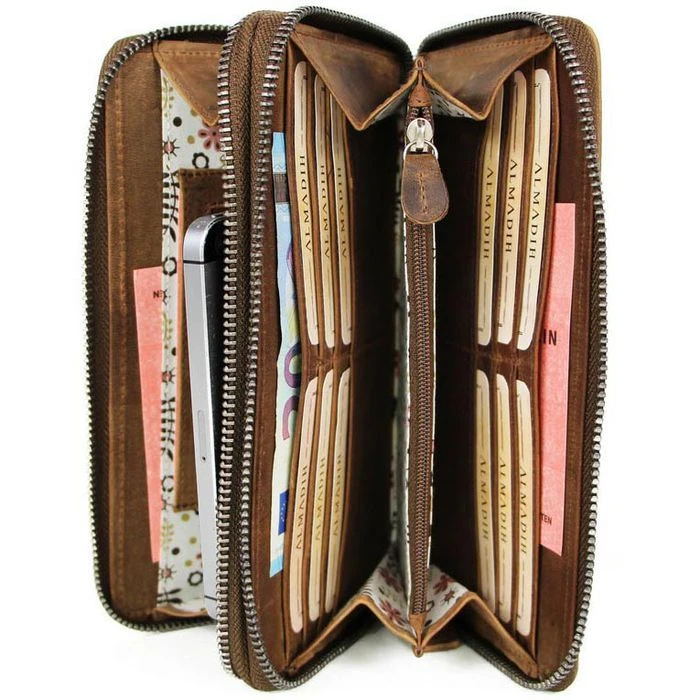 Almadih Geldbörse Giana, Echt Leder, Damen RFID Schutz Münzfach Reißverschluss Braun – Bild 5