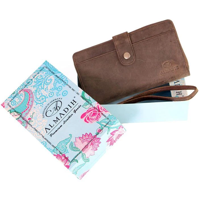 Almadih Geldbörse Giana, Echt Leder, Damen RFID Schutz Münzfach Reißverschluss Braun – Bild 7
