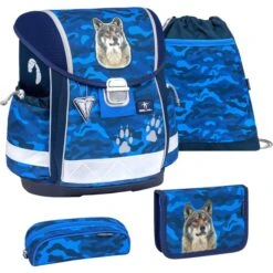 Belmil Schulranzen Classy Alpha Wolf 403-13/AG/S, Für Jungen, Blau, 4-teiliges Set