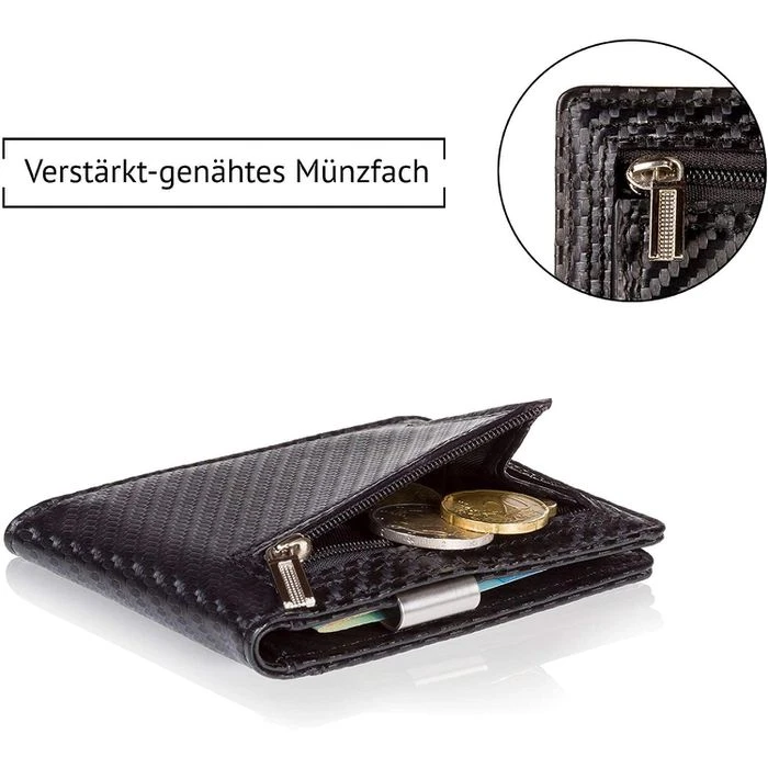 Kronenschein Geldbörse GKM-01C, Kunstleder, Carbon, Slim Wallet Herren RFID Schutz Kompaktes Münzfach – Bild 2