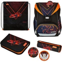 Herlitz Schulranzen UltraLight Plus Mechanic, 50037728, FĂŒr Jungen, Schwarz / Orange, 4-tlg. Set