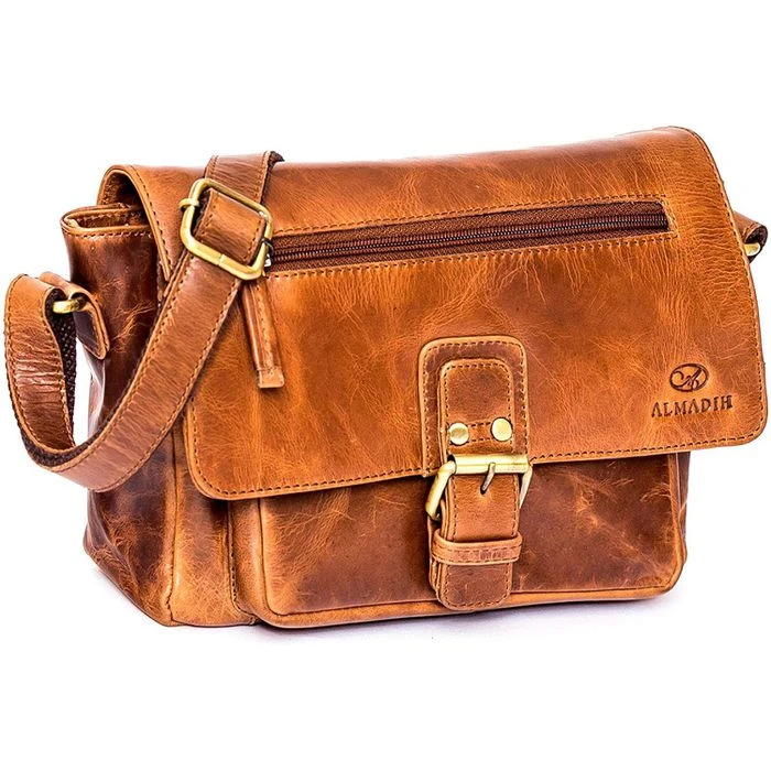 Almadih Umhängetasche Kim, Damen, Echt Leder, 25 X 19 X 9cm, Braun Deluxe