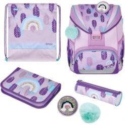 Herlitz Schulranzen UltraLight Plus Rainbow Feathers, 50037698, FĂŒr MĂ€dchen, Lila / TĂŒrkis, 4-tlg. Set