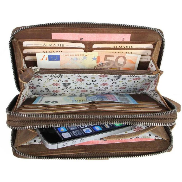 Almadih Geldbörse Giana, Echt Leder, Damen RFID Schutz Münzfach Reißverschluss Braun – Bild 3