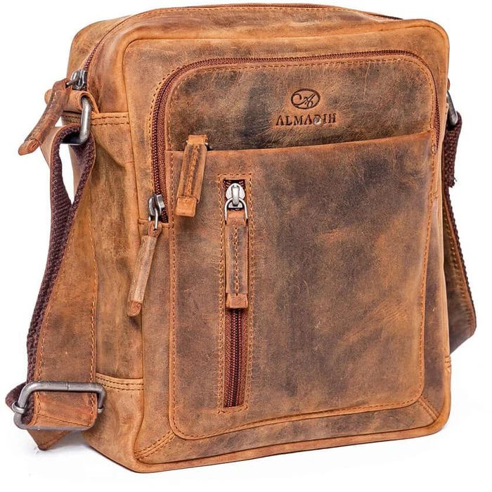 Almadih Umhängetasche Finn, Echt Leder, 21 X 24 X 7cm, Braun Vintage
